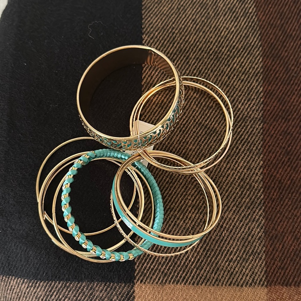 Boho Stackable Bangle Bracelet Set of 12 Gold and Teal NWT